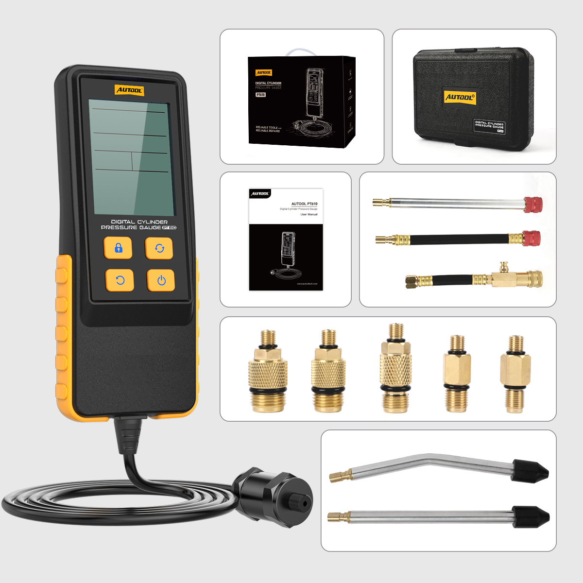 AUTOOL PT610 packing list with cylinder pressure gauge retail box carrying case manual connecting lines adapters and bent and straight test lines