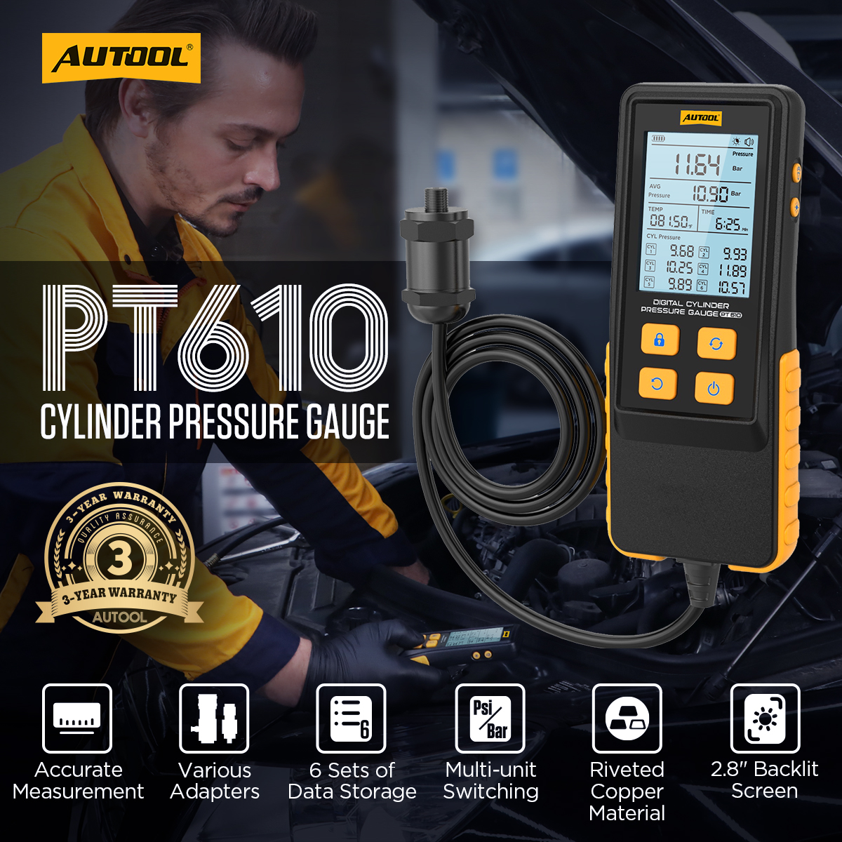 AUTOOL PT610 digital cylinder pressure gauge with 2.8 inch display adapters data storage and multi-unit switching
