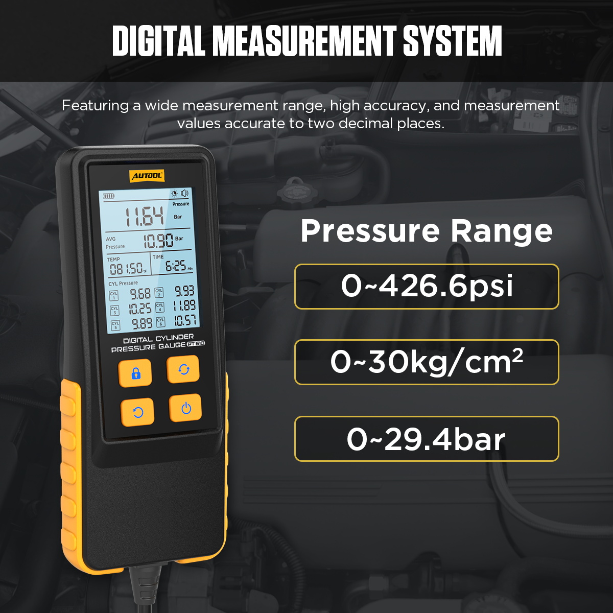 AUTOOL PT610 digital measurement system with pressure range 0 to 426.6 psi 0 to 30 kg per cm2 and 0 to 29.4 bar