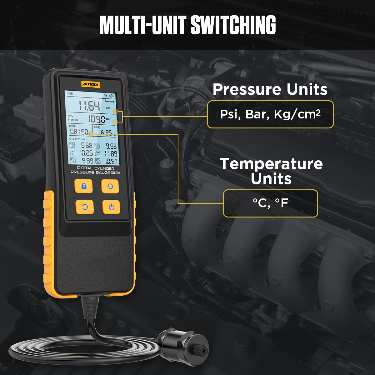 AUTOOL PT610 multi unit switching for pressure units psi bar kg per cm2 and temperature units Celsius Fahrenheit