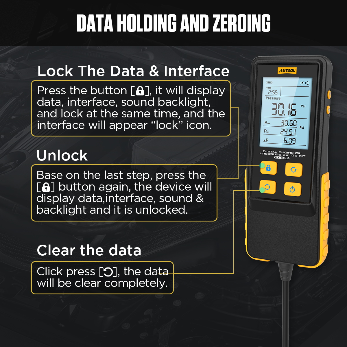 AUTOOL PT620 data holding interface lock unlock clear data and pressure zeroing function