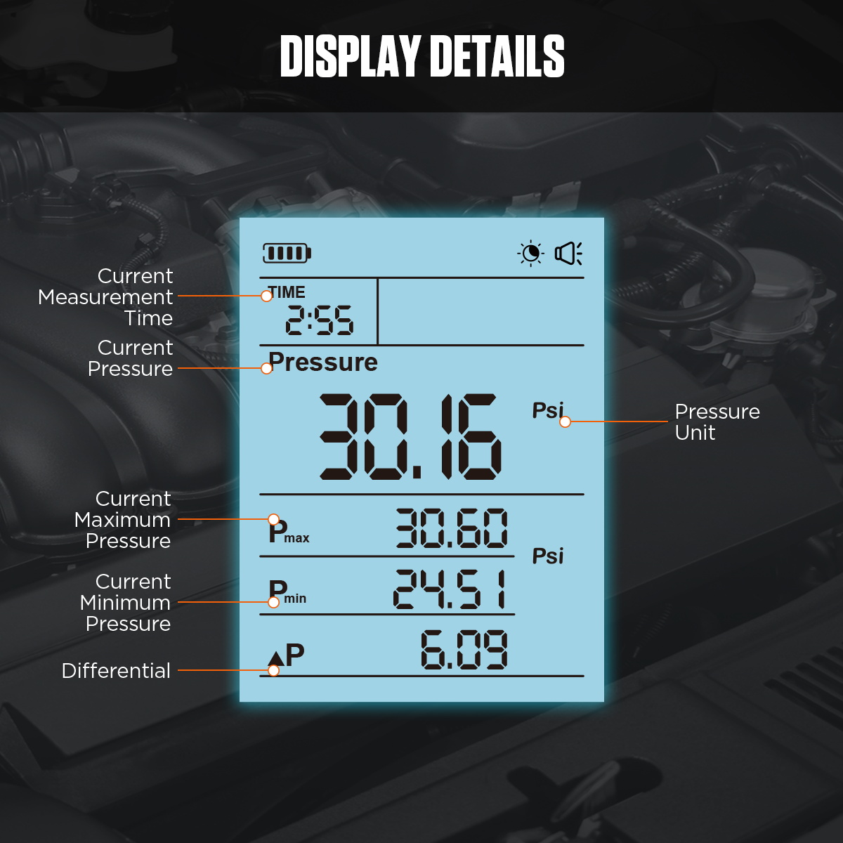 AUTOOL PT620 display details with current pressure maximum pressure minimum pressure differential pressure and measurement time