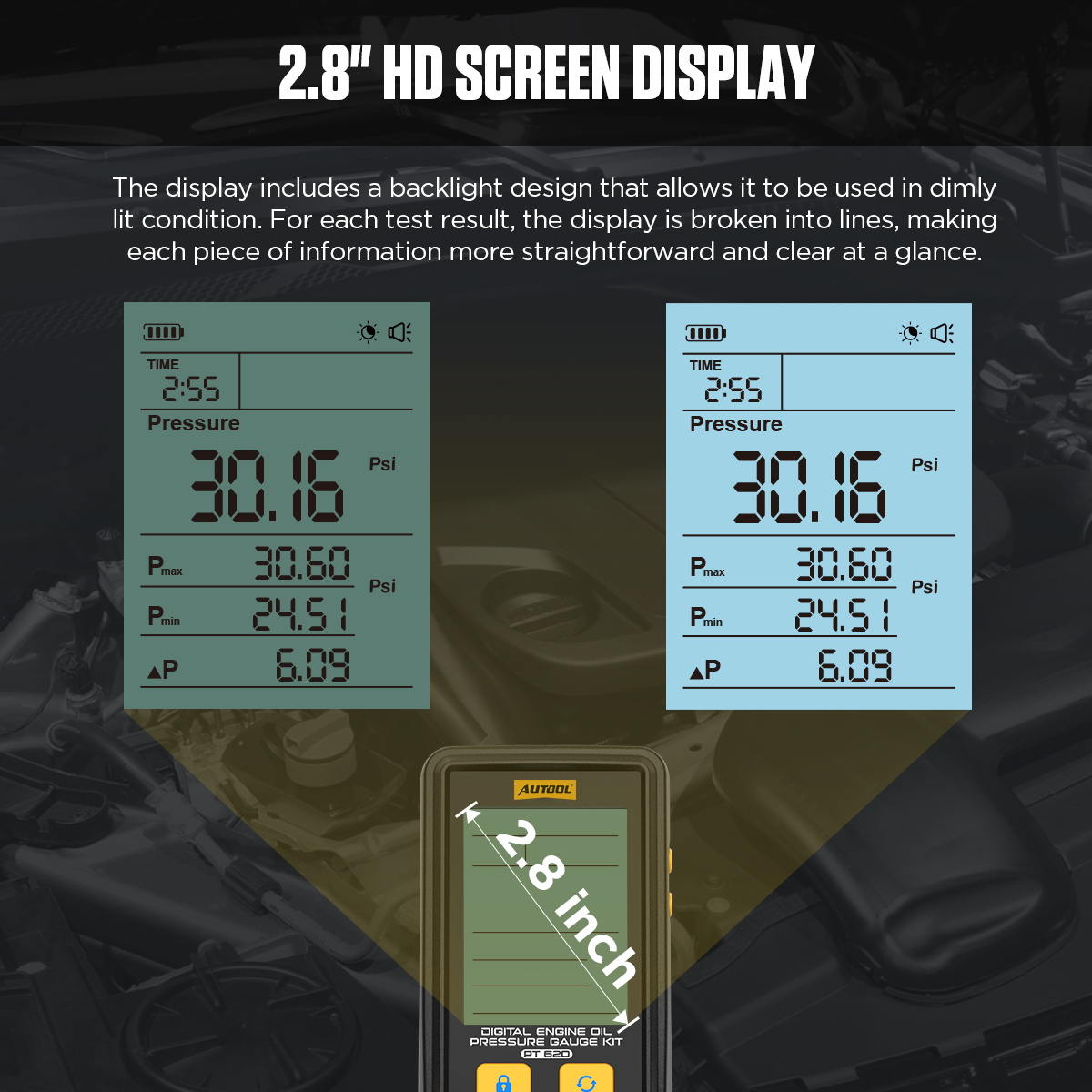 AUTOOL PT620 2.8 inch HD backlit screen display