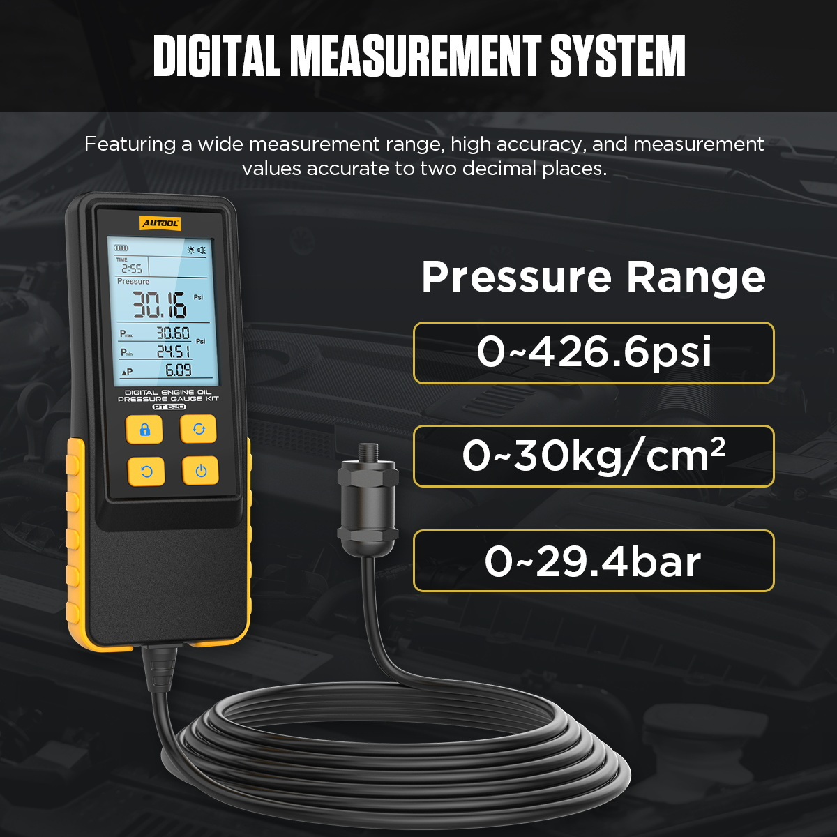 AUTOOL PT620 digital measurement system pressure range 0 to 426.6 PSI 0 to 30 kg per cm squared and 0 to 29.4 bar