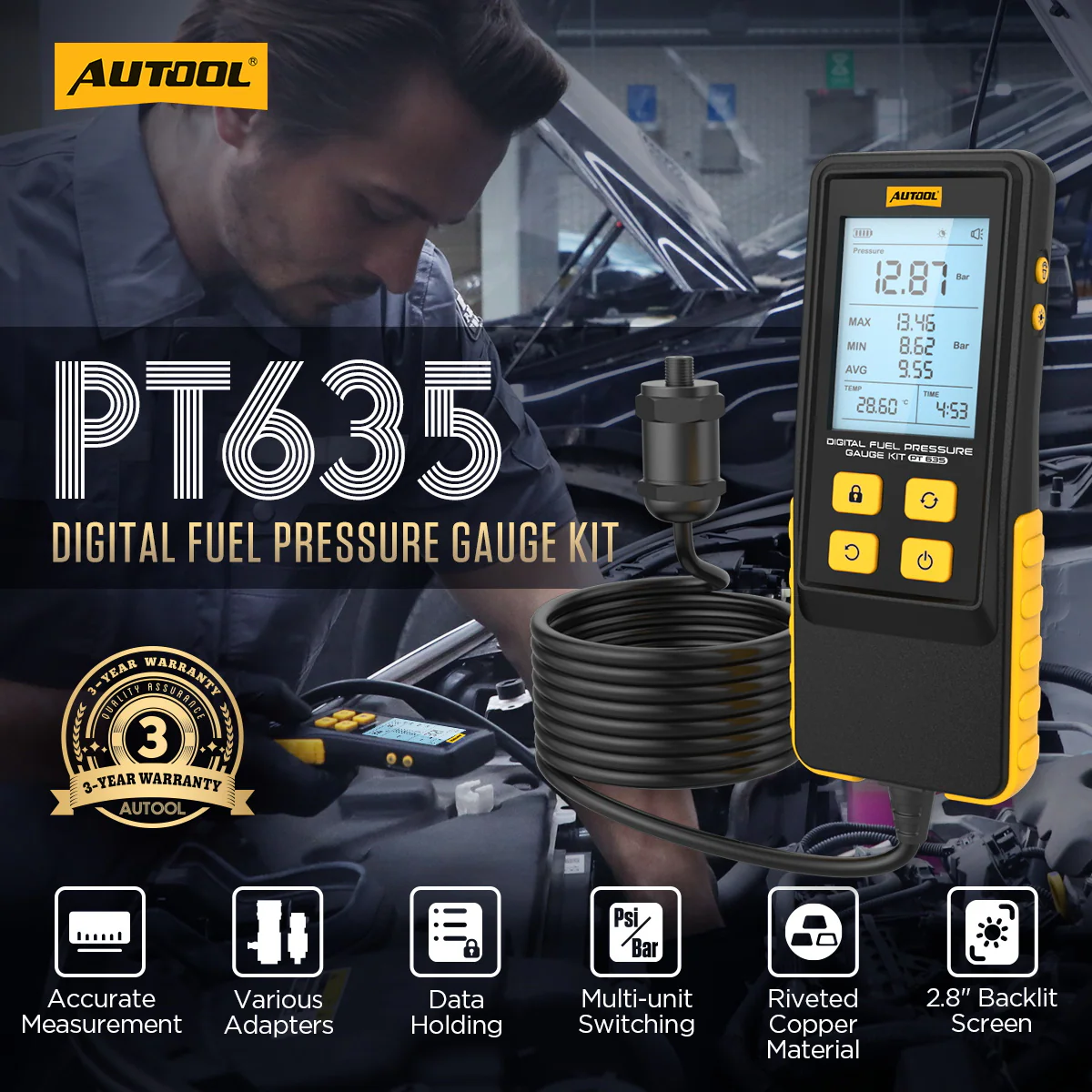 燃料圧力 テスターキット AUTOOL PT635 燃圧テスターキット、最大 426.6 psi