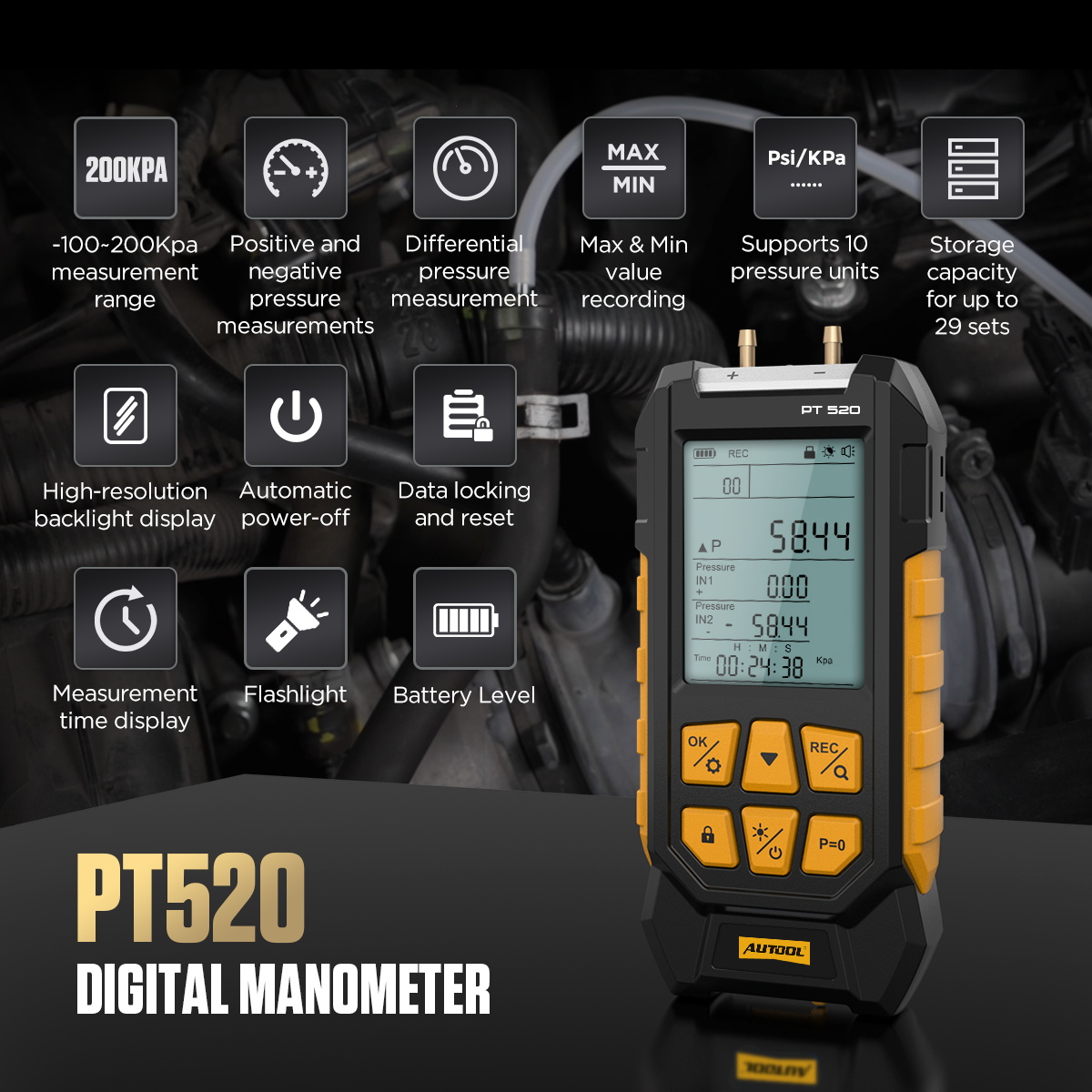 AUTOOL PT520 feature overview including 200kPa range differential pressure data locking and 29-set storage