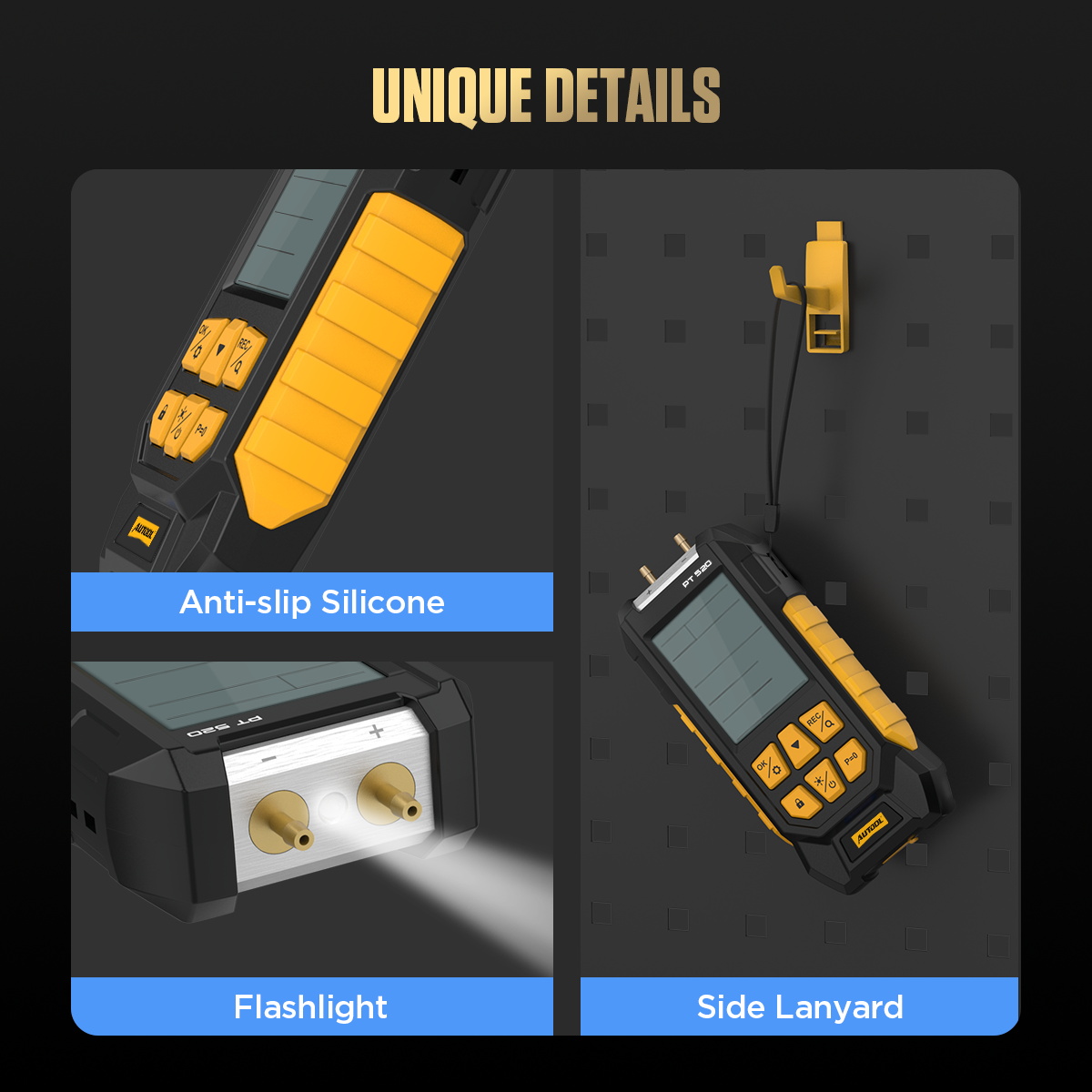 AUTOOL PT520 anti-slip silicone flashlight and side lanyard details