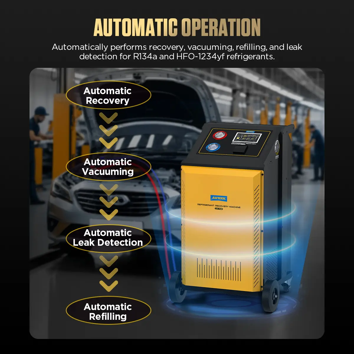 AUTOOL LM708 automatic recovery vacuum leak detection and refilling workflow image
