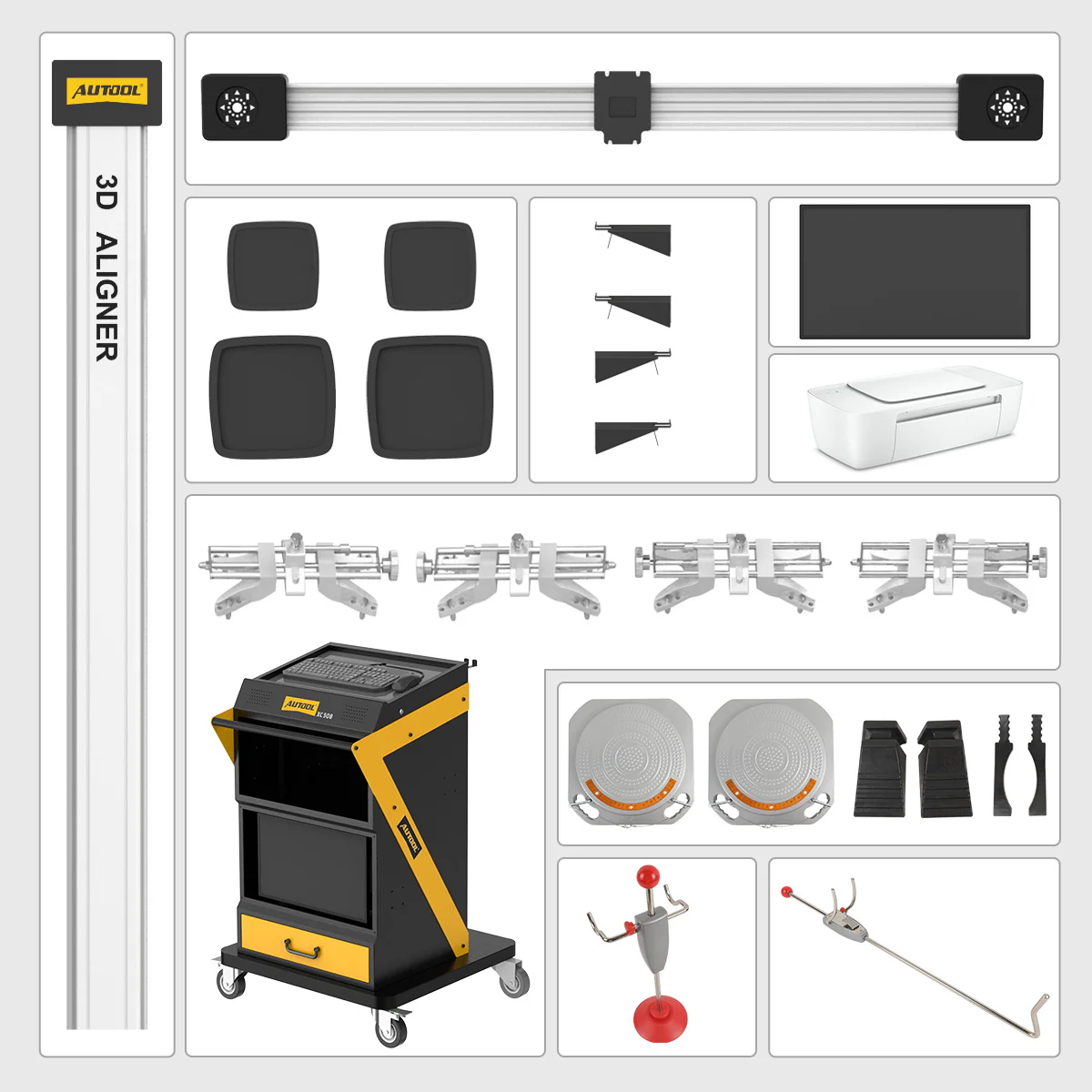 AUTOOL XC508 packing list with main unit column beam cameras targets clamps turntables pedals printer and accessories