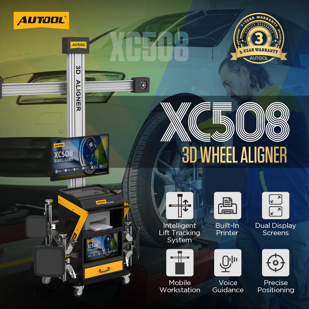 AUTOOL XC508 3D wheel aligner main product image with dual displays printer cameras targets and mobile cabinet