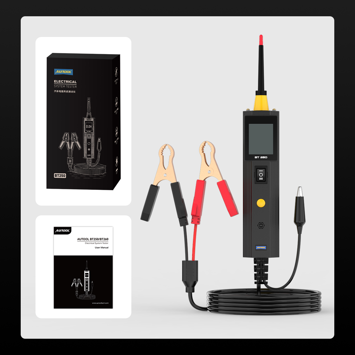 AUTOOL BT250 packing list showing main tester battery clamps auxiliary ground clamp power cable user manual and retail box