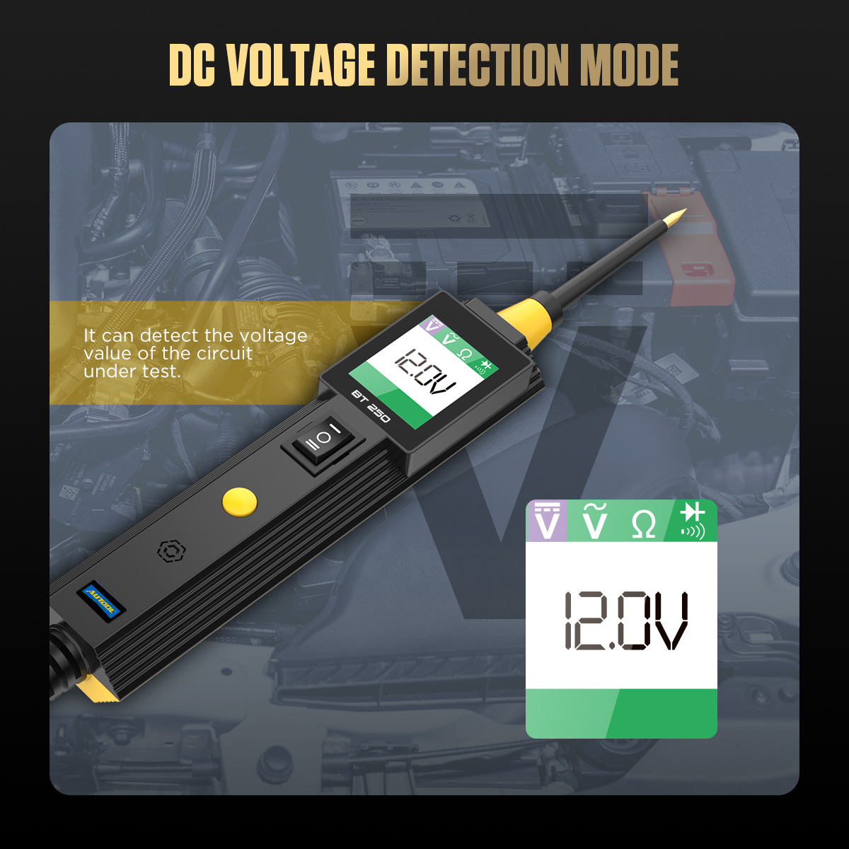 AUTOOL BT250 DC voltage detection mode showing 12.0V circuit voltage