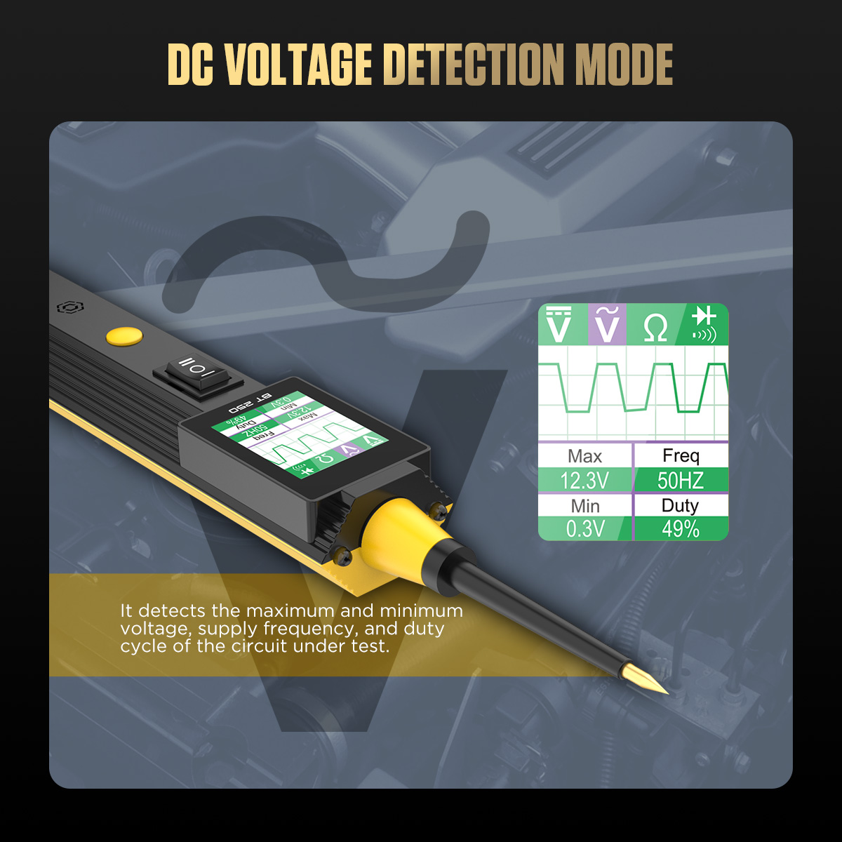 AUTOOL BT250 AC voltage mode showing maximum voltage minimum voltage frequency and duty cycle