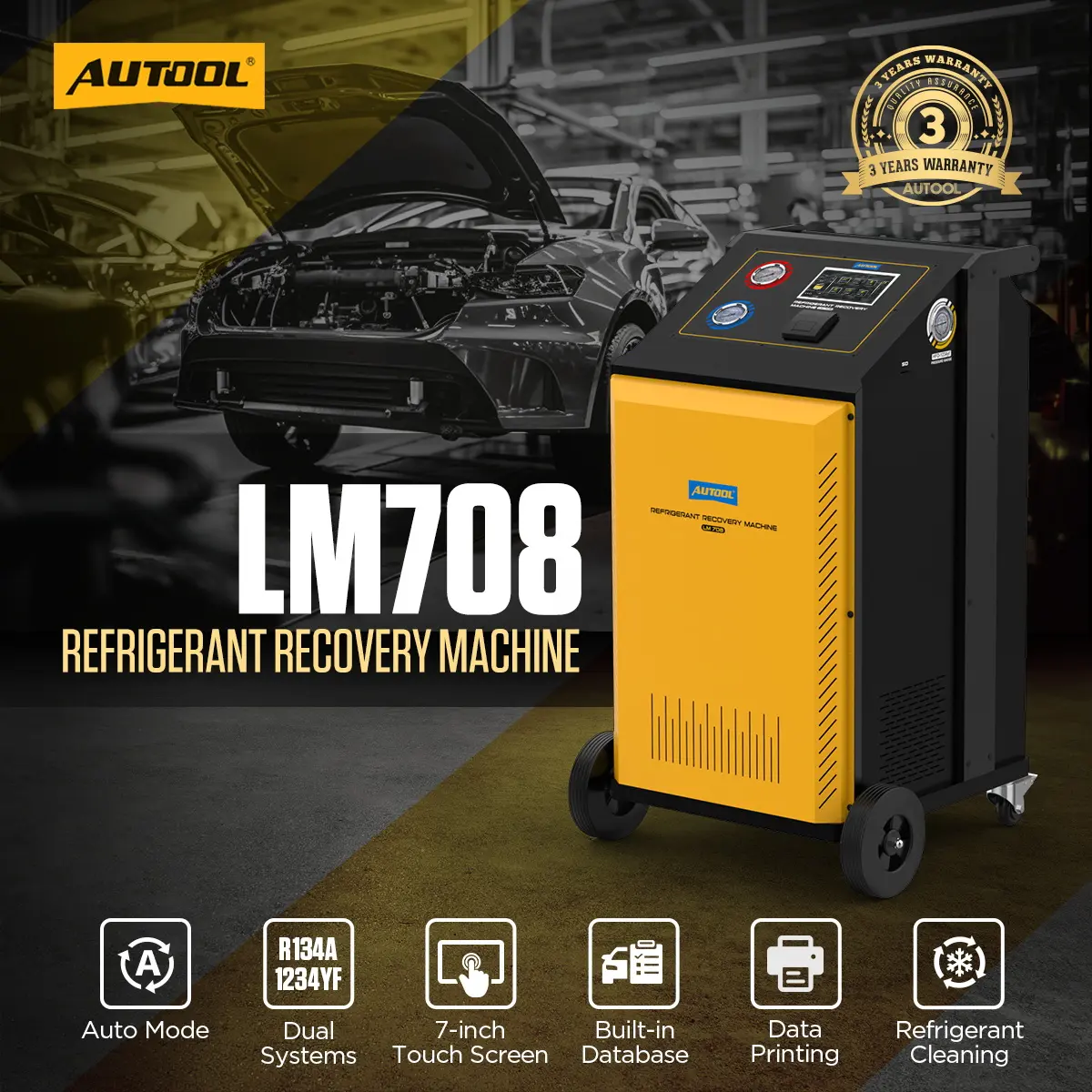 AUTOOL LM708 automotive refrigerant freon recovery machine overview with dual systems, touchscreen, database, data printing and refrigerant cleaning