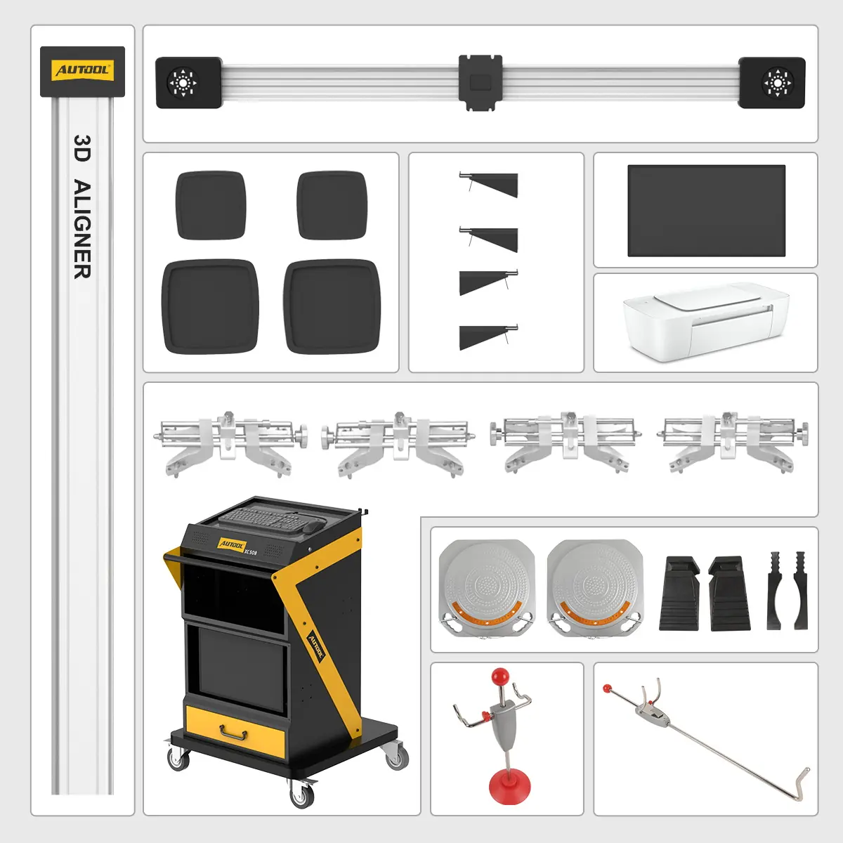 AUTOOL XC508 packing list with main unit column beam cameras targets clamps turntables pedals printer and accessories
