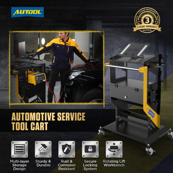 AUTOOL 3 Tier Rolling Trolley Cart with Wheels and Handle, Garage Workshop Storage Rolling Trolley Cart Automotive Diagnostic Service Tool NEW Version