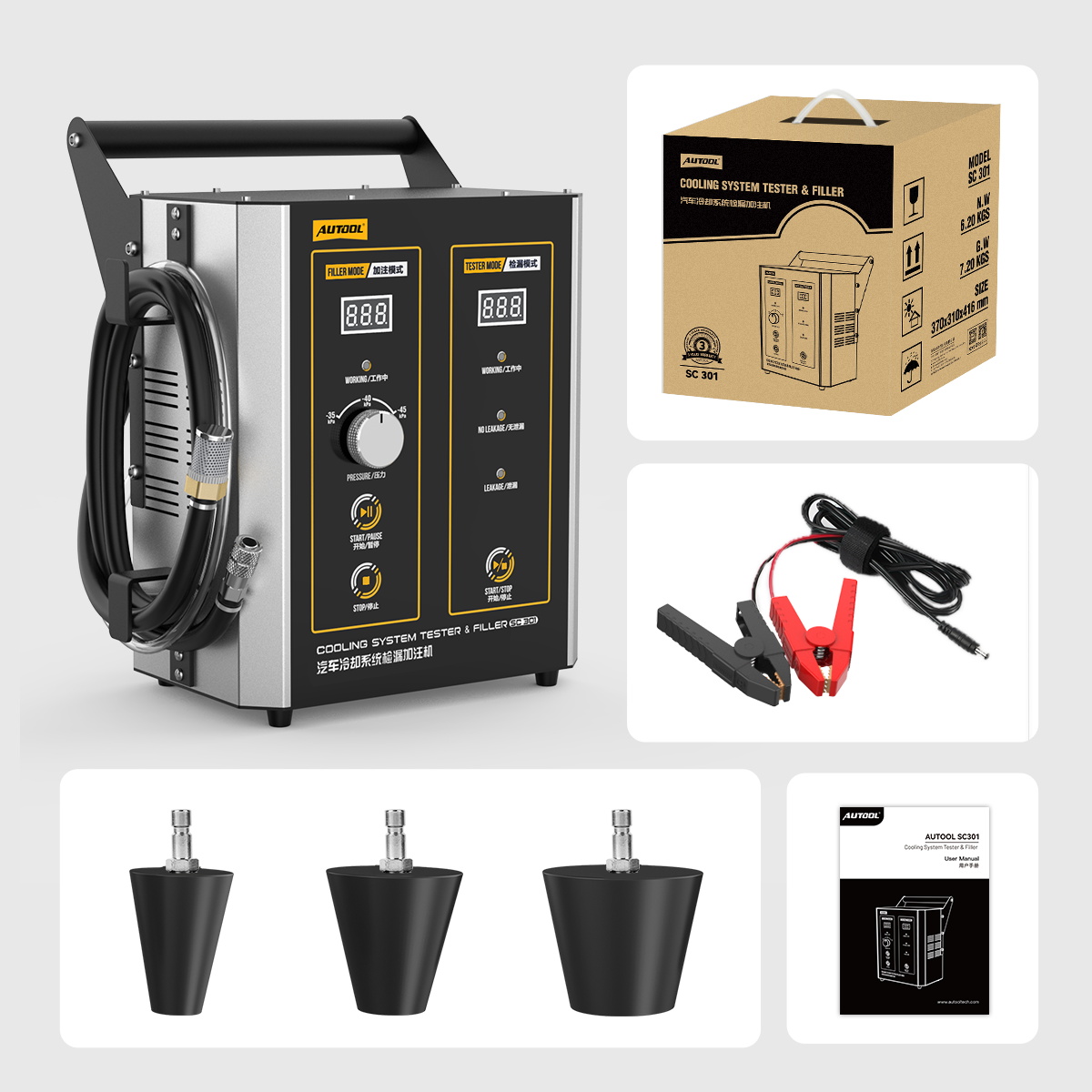 AUTOOL SC301 packing list with main unit retail box power cable adapters and user manual