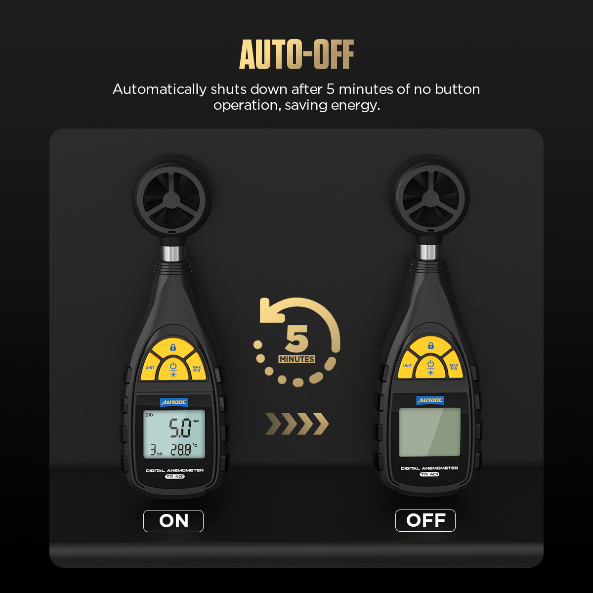 AUTOOL TR401 auto-off feature after five minutes of no button operation