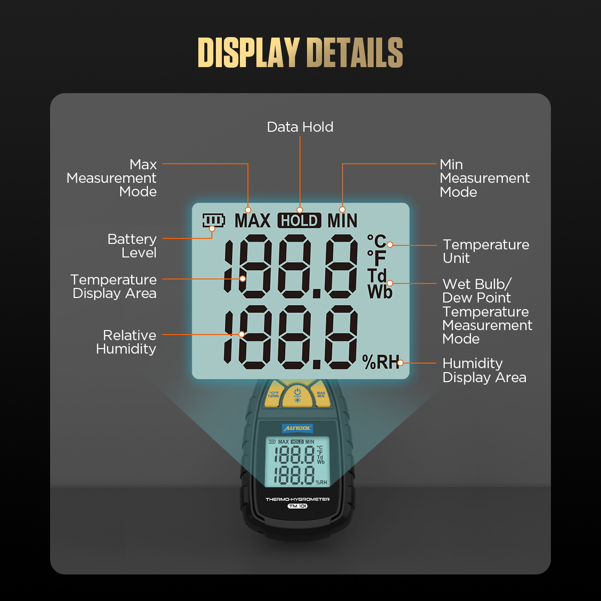 AUTOOL TM101 interface display details showing battery level max min hold temperature unit dew point wet bulb and humidity display
