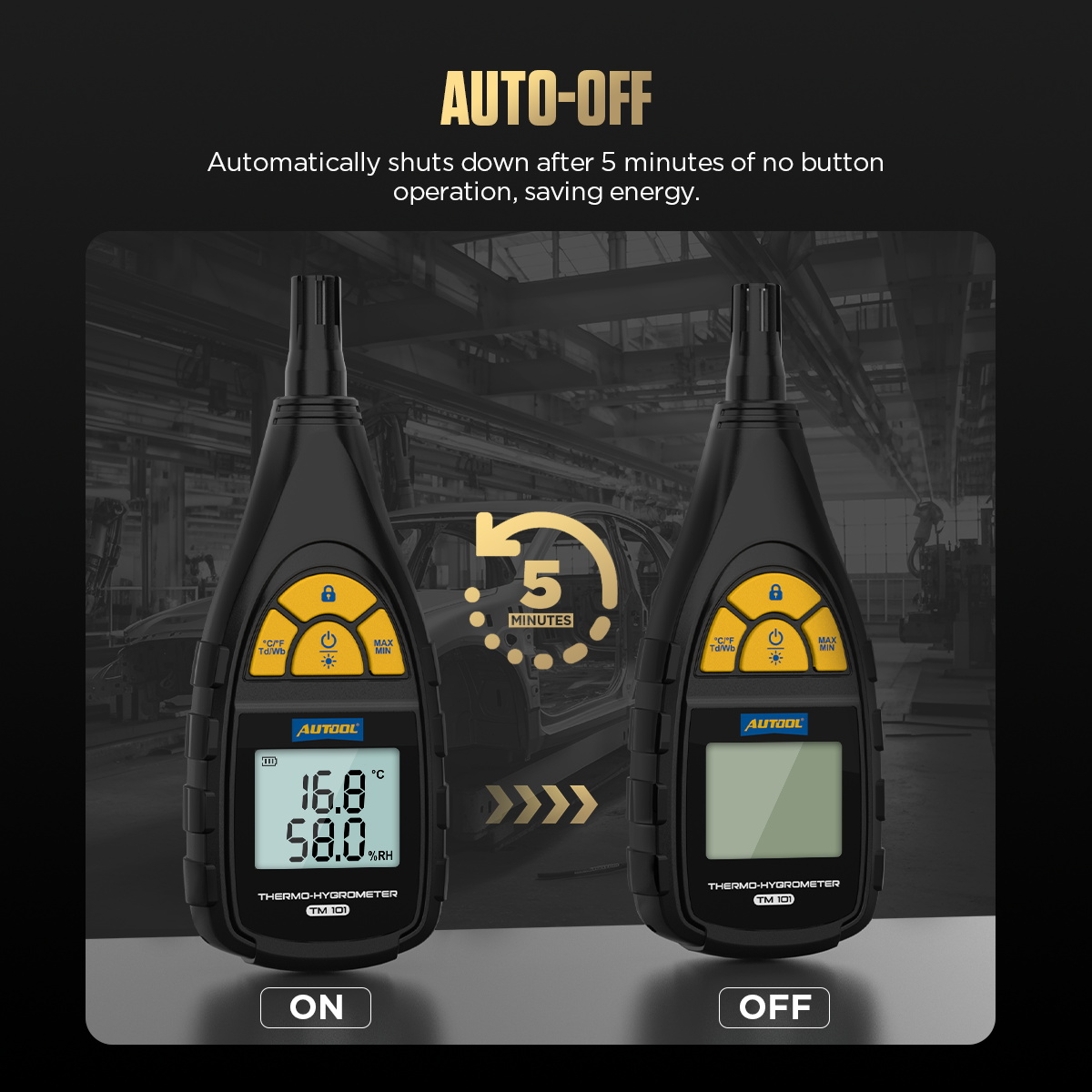 AUTOOL TM101 five minute auto-off energy saving feature image