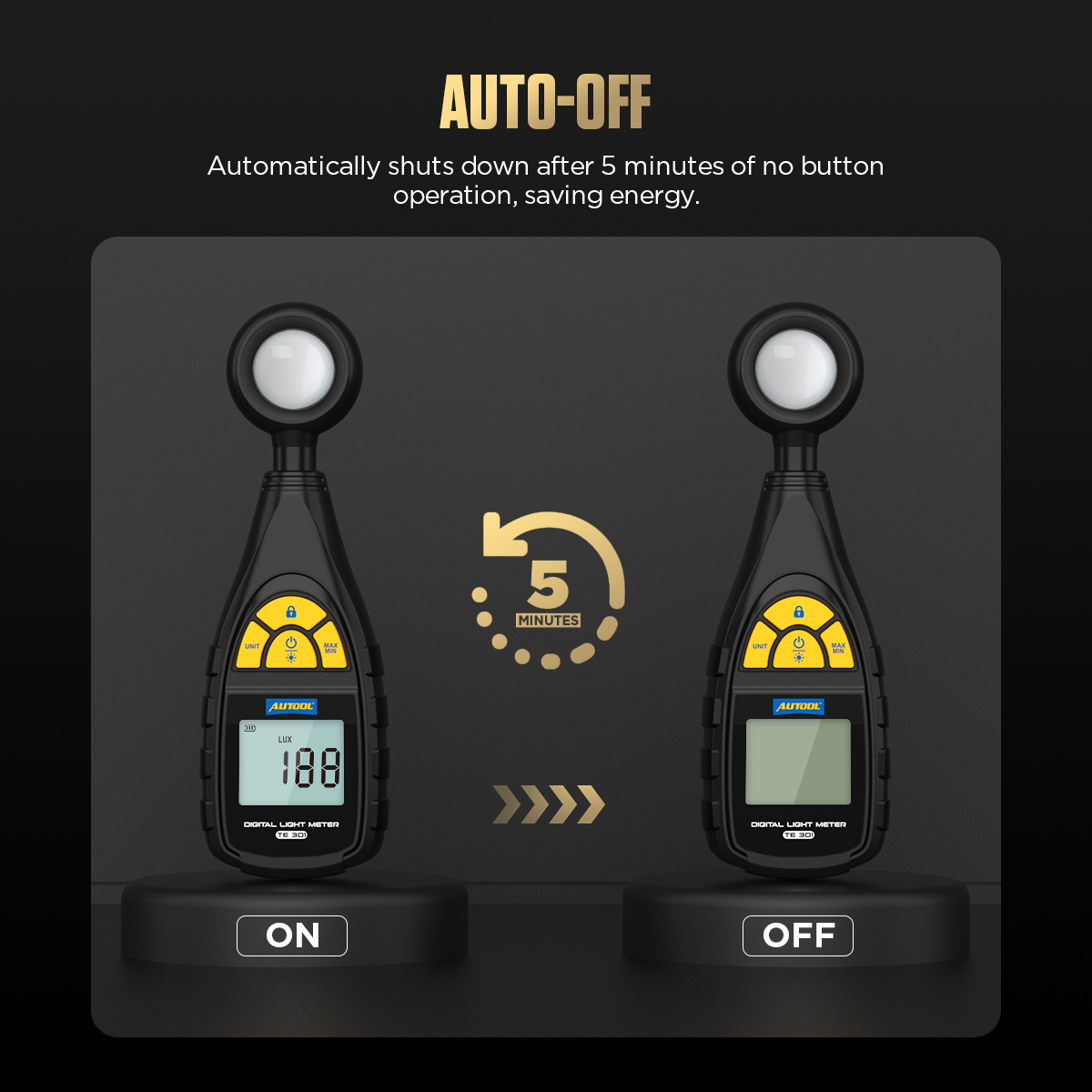 AUTOOL TE301 automatic shutdown after five minutes of inactivity