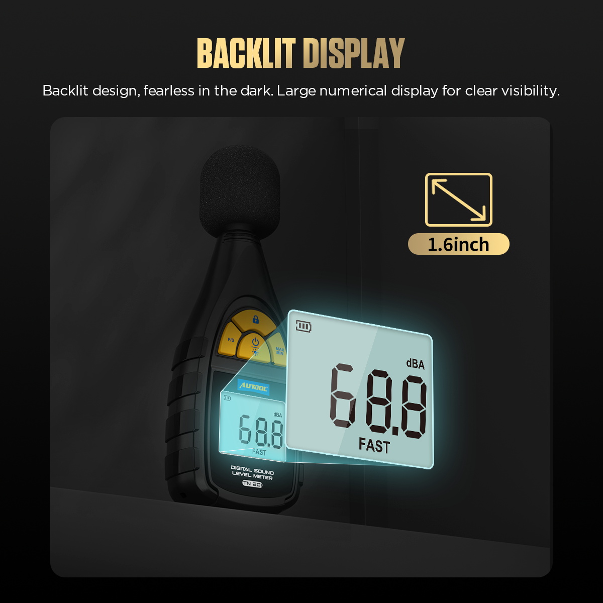 AUTOOL TN201 backlit display feature image showing 1.6 inch large digital display