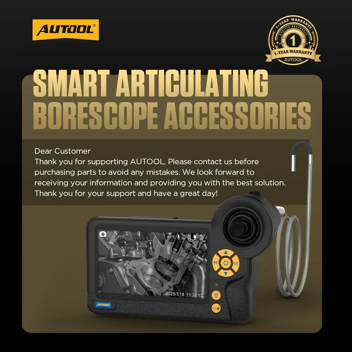 AUTOOL smart articulating borescope accessories reference image with snake tube camera and borescope machine shown for compatibility reference