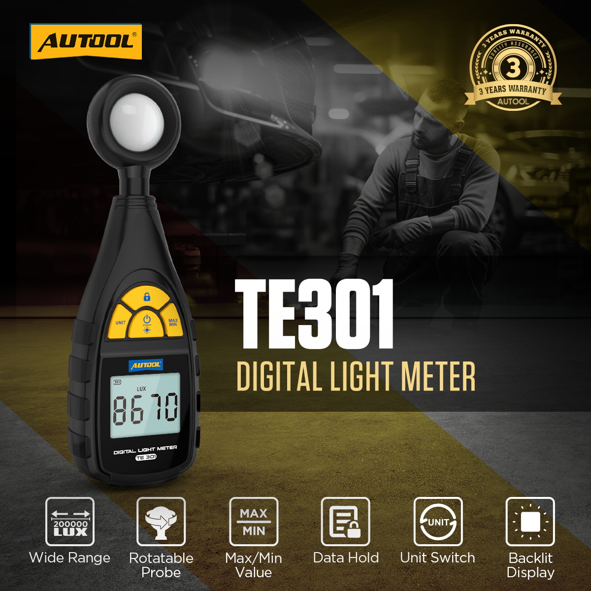 AUTOOL TE301 Digital Light Meter with wide range, rotatable probe, data hold, Max Min and backlit display features