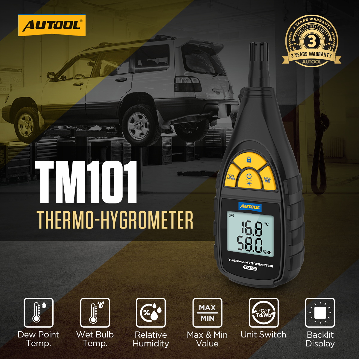 AUTOOL TM101 Thermo-Hygrometer main product image with dew point wet bulb humidity max min unit switch and backlit display