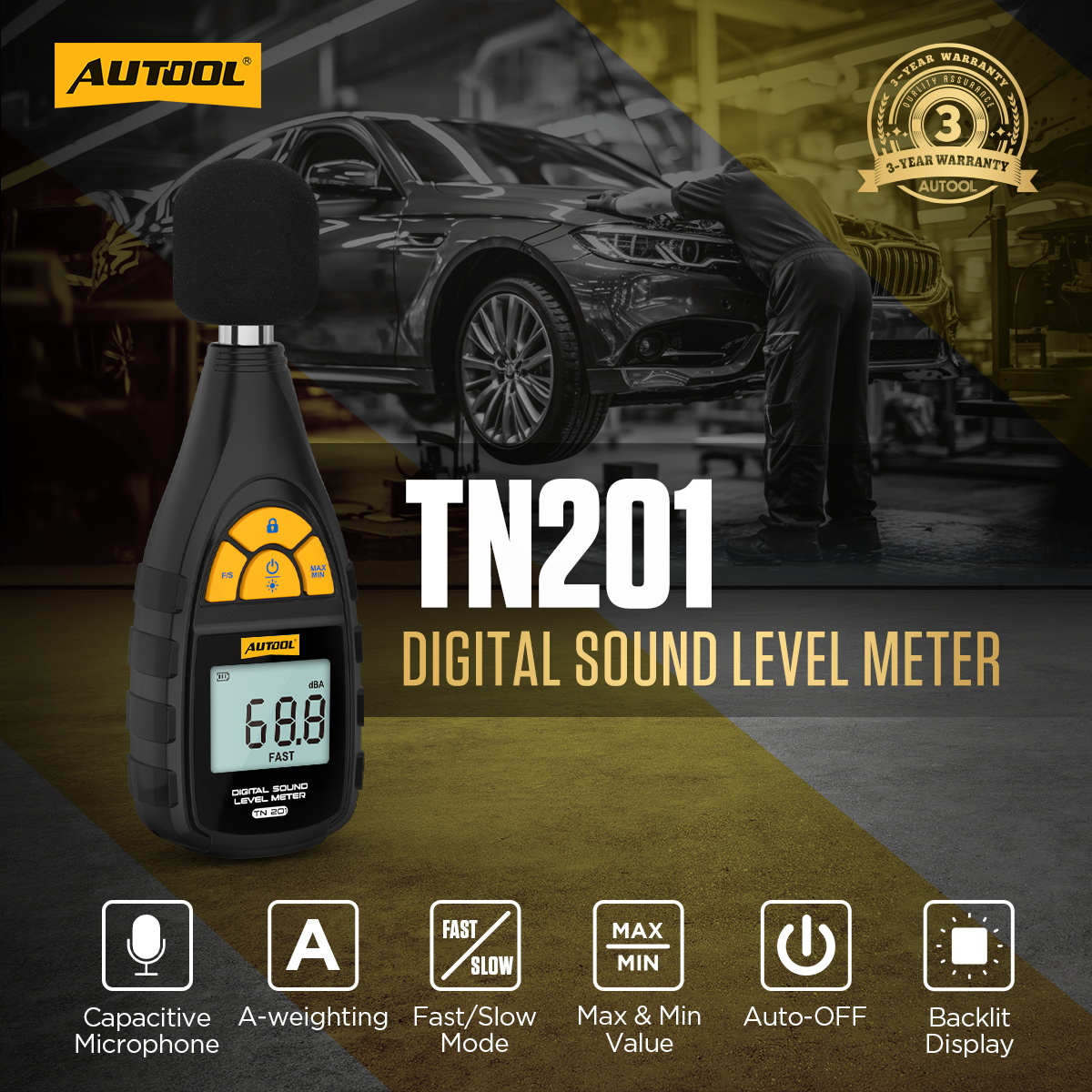AUTOOL TN201 digital sound level meter main product image showing A-weighting, Fast Slow, MAX MIN, auto off and backlit display features