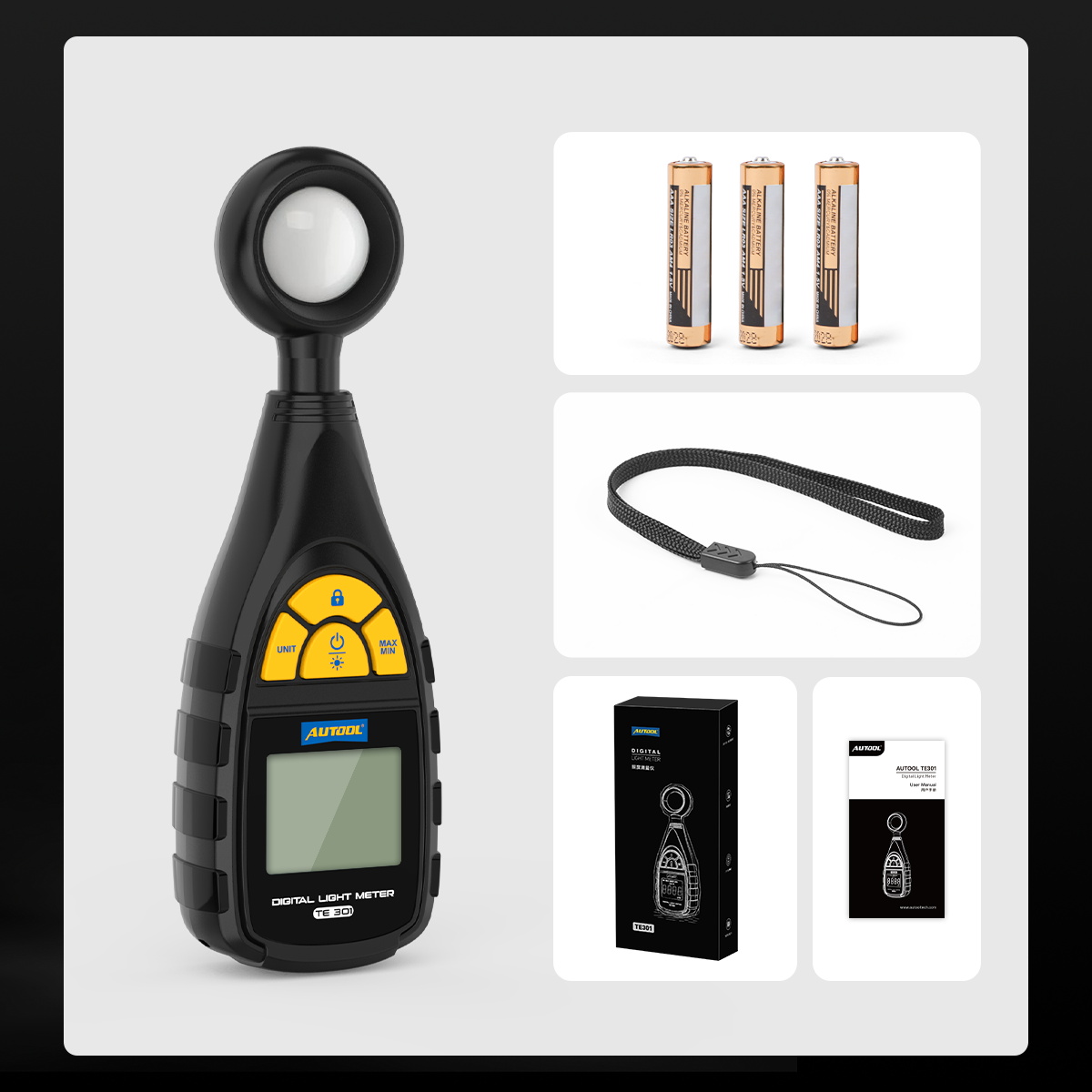 AUTOOL TE301 packing list with digital light meter, 3 AAA batteries, wrist strap, user manual and package box