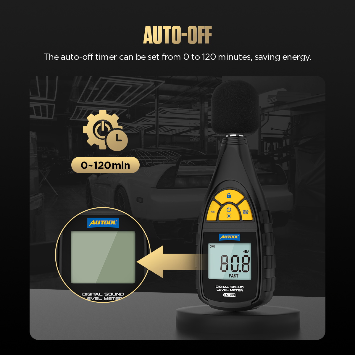 AUTOOL TN201 auto-off power saving feature image showing 0 to 120 minute auto-off timer