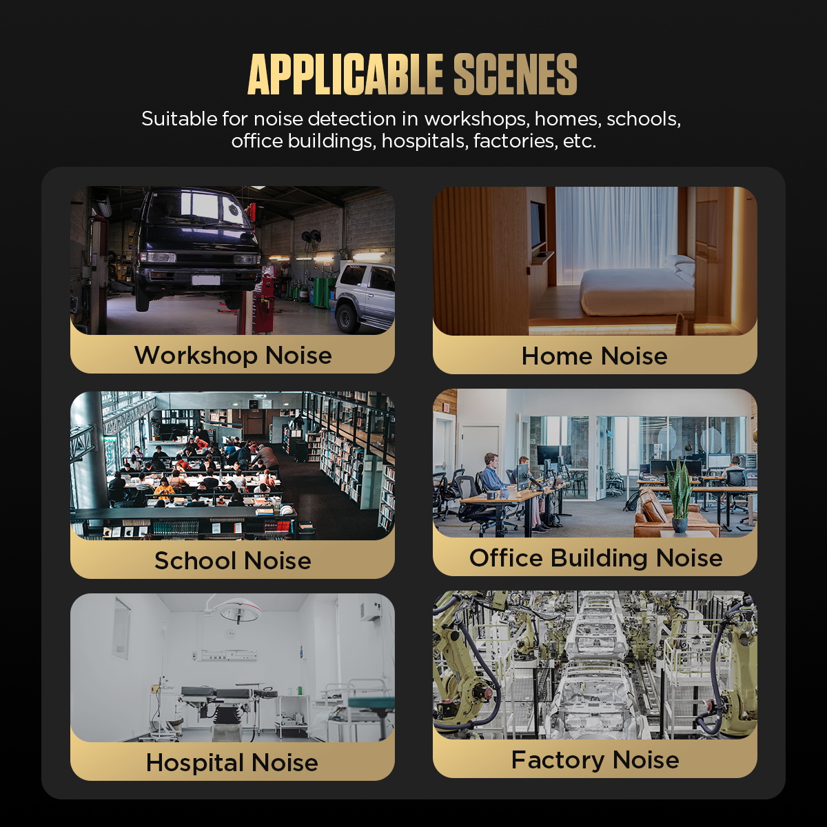 AUTOOL TN201 applicable scenes including workshop, home, school, office building, hospital and factory