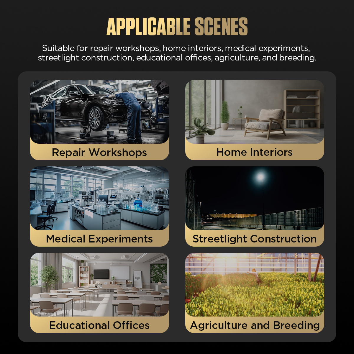AUTOOL TE301 applicable scenes including repair workshops, home interiors, medical experiments, streetlight construction, educational offices, agriculture and breeding