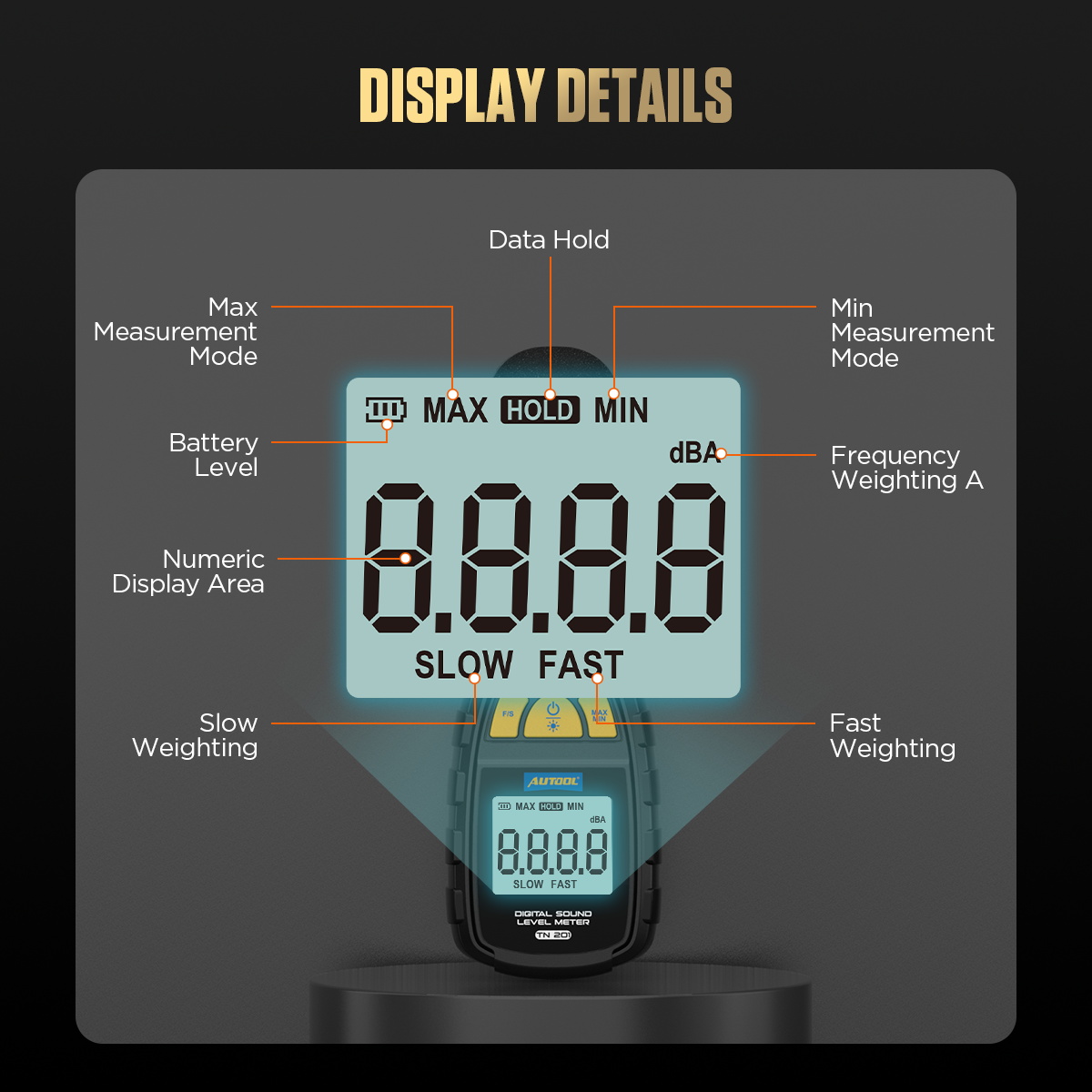 AUTOOL TN201 display details image showing Data Hold, Max, Min, battery level, dBA, Fast Slow and numeric display area