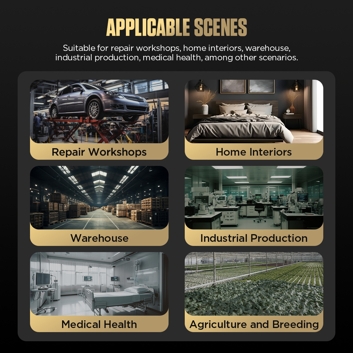 AUTOOL TM101 applicable scenes including repair workshops home interiors warehouse industrial production medical health agriculture and breeding
