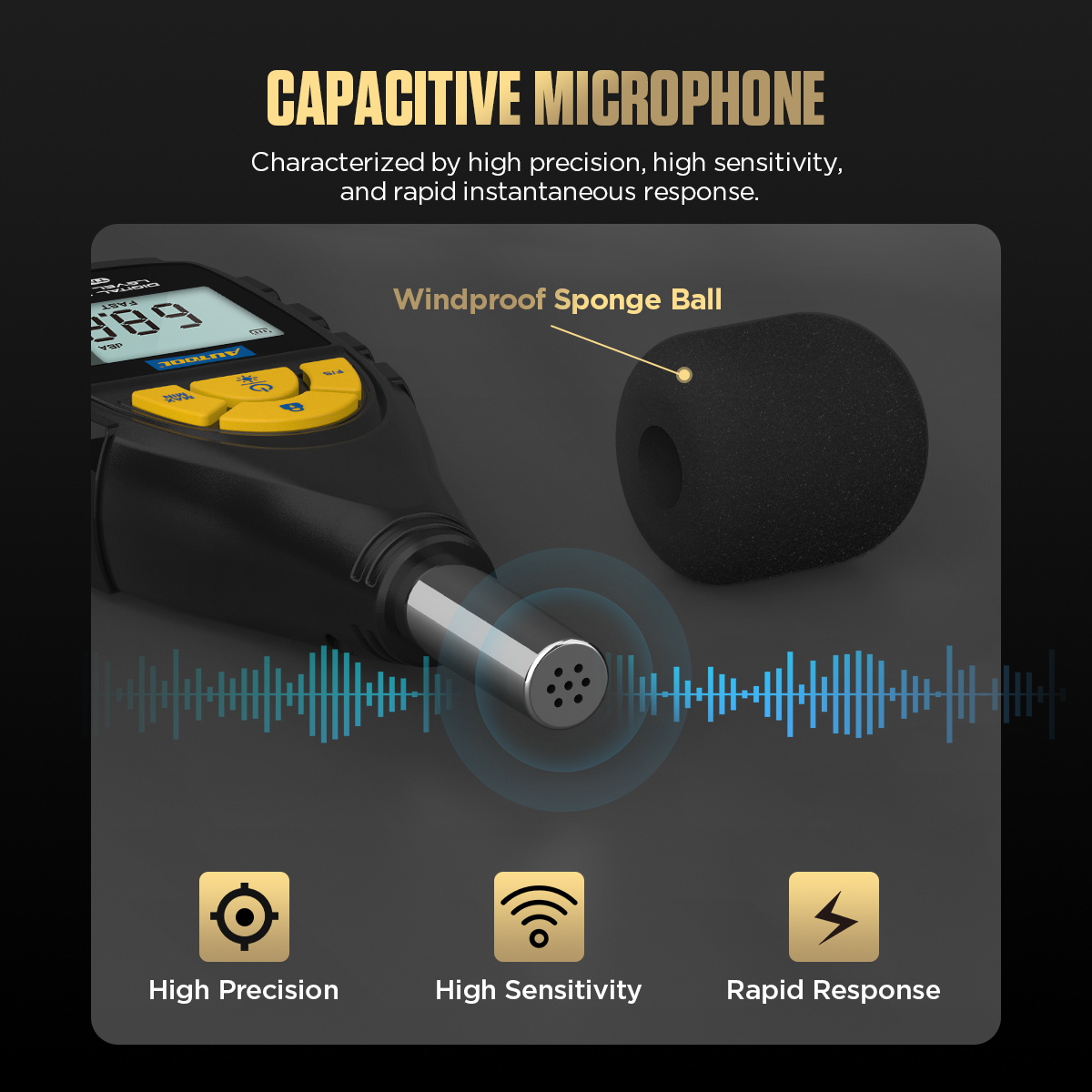 AUTOOL TN201 capacitive microphone feature image with windproof sponge ball