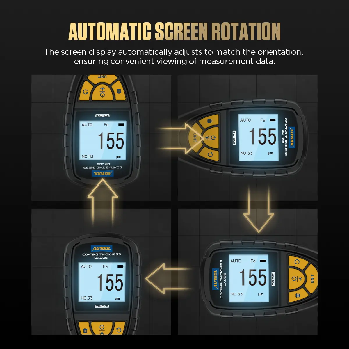 AUTOOL TG501 automatic screen rotation for easier reading at different angles