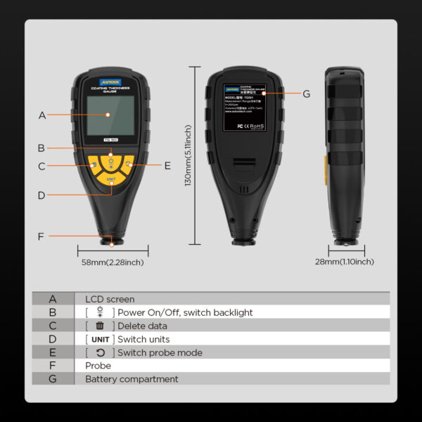 AUTOOL TG501 Coating Thickness Gauge Accurately Measures 0-2000μm