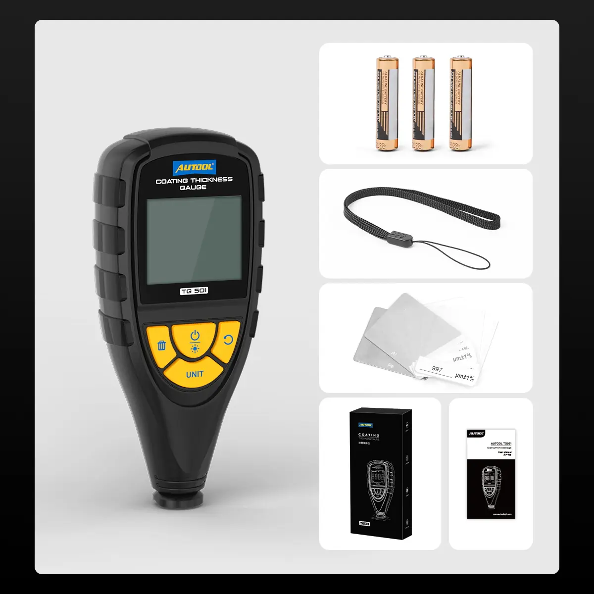 AUTOOL TG501 coating thickness gauge packing list showing main unit, batteries, wrist strap, calibration tools, manual, and retail box