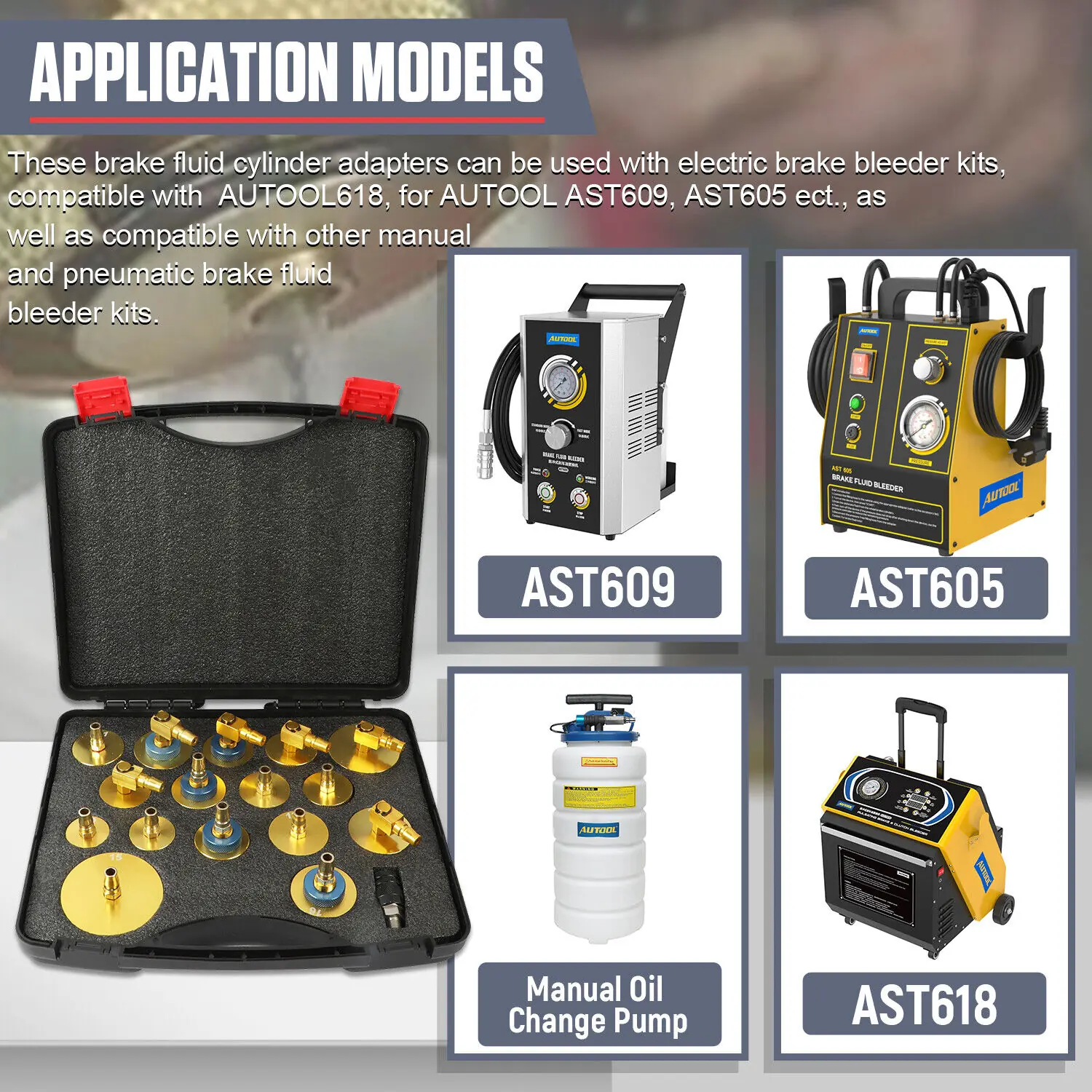 AUTOOL 17-piece brake fluid changer adapters compatible with AUTOOL AST612 AST609 AST605 AST618 and manual brake fluid bleeder kits