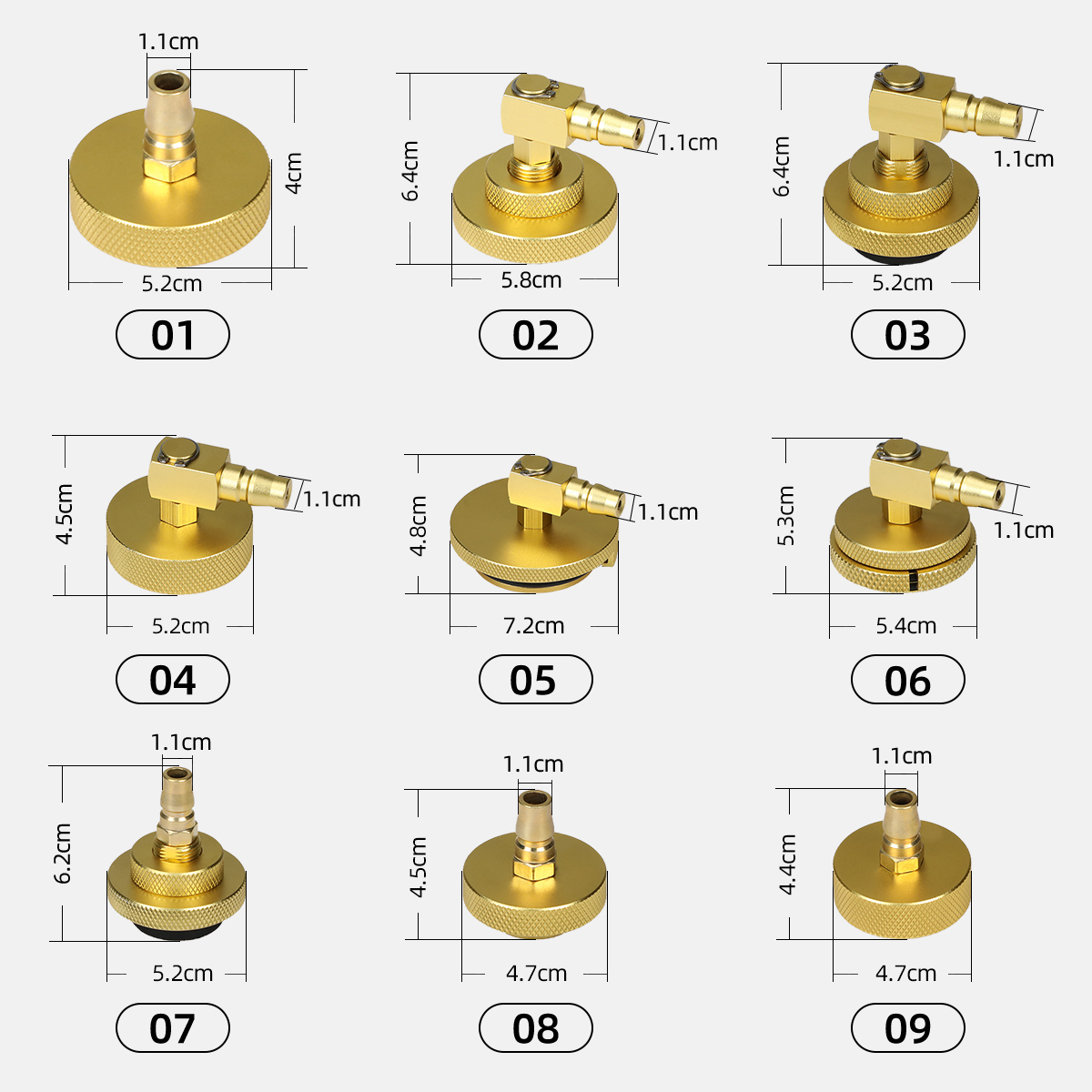 AUTOOL brake fluid changer adapter size chart for adapter numbers 01 to 09
