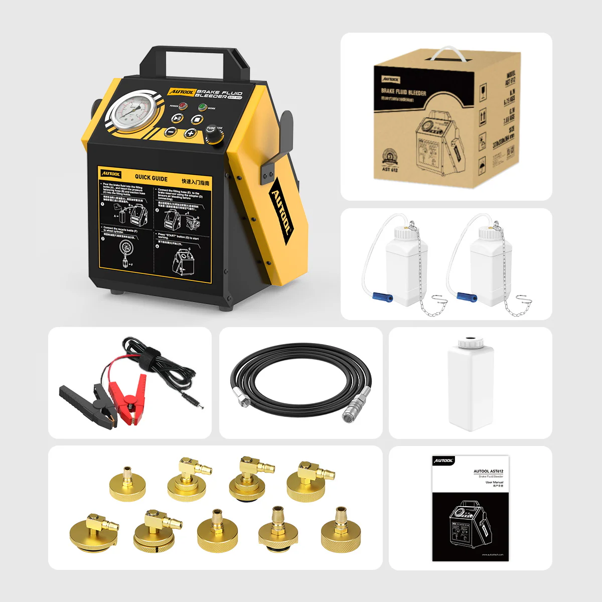 AUTOOL AST612 packing list with machine bottles hoses adapters and manual