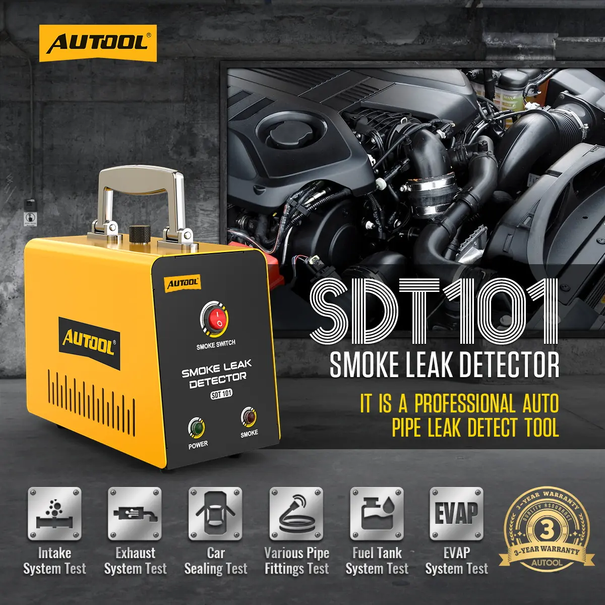 AUTOOL SDT101 smoke leak detector for intake exhaust fuel tank and EVAP system testing