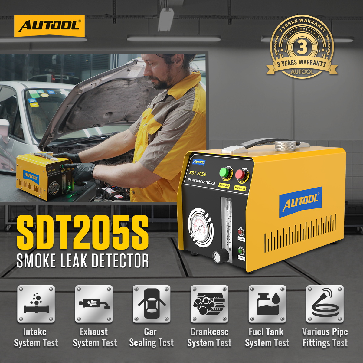 AUTOOL SDT205S smoke leak detector used for intake exhaust crankcase fuel tank and pipe fitting leak tests