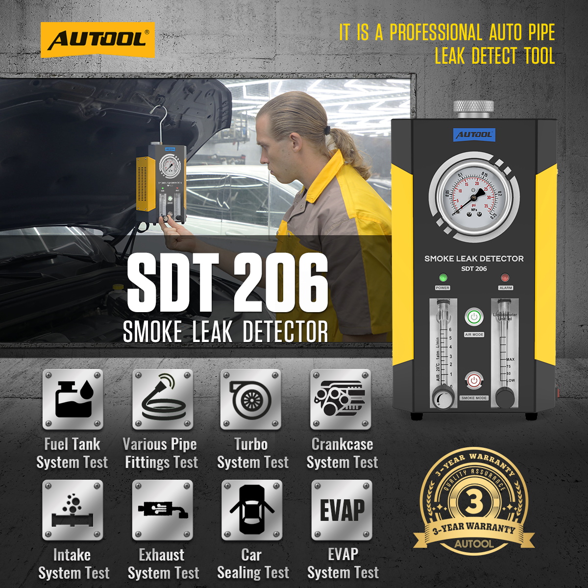 AUTOOL SDT206 smoke leak detector main product image with fuel tank pipe turbo crankcase intake exhaust car sealing and EVAP system icons