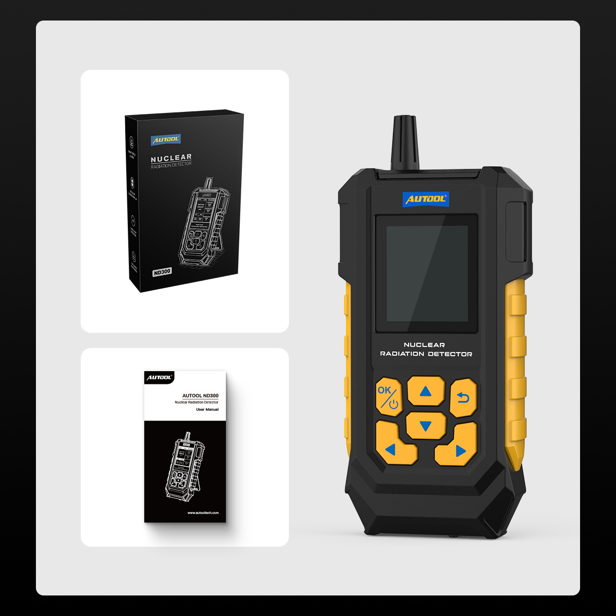 AUTOOL ND300 packing list with detector product box and user manual