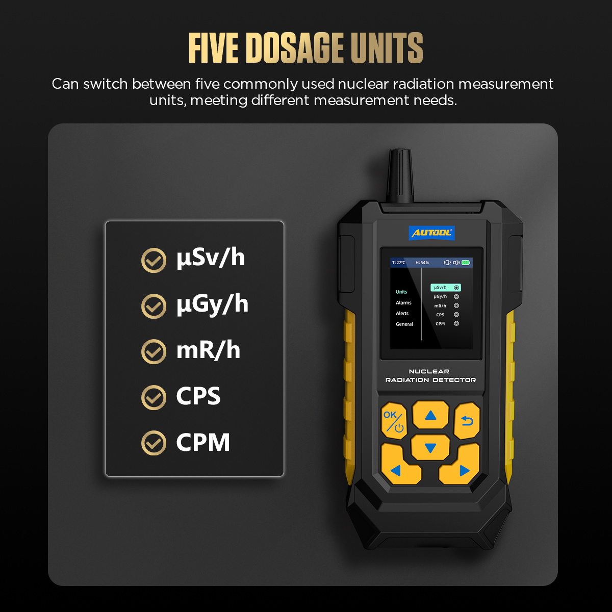 AUTOOL ND300 five dosage units: µSv/h, µGy/h, mR/h, CPS and CPM