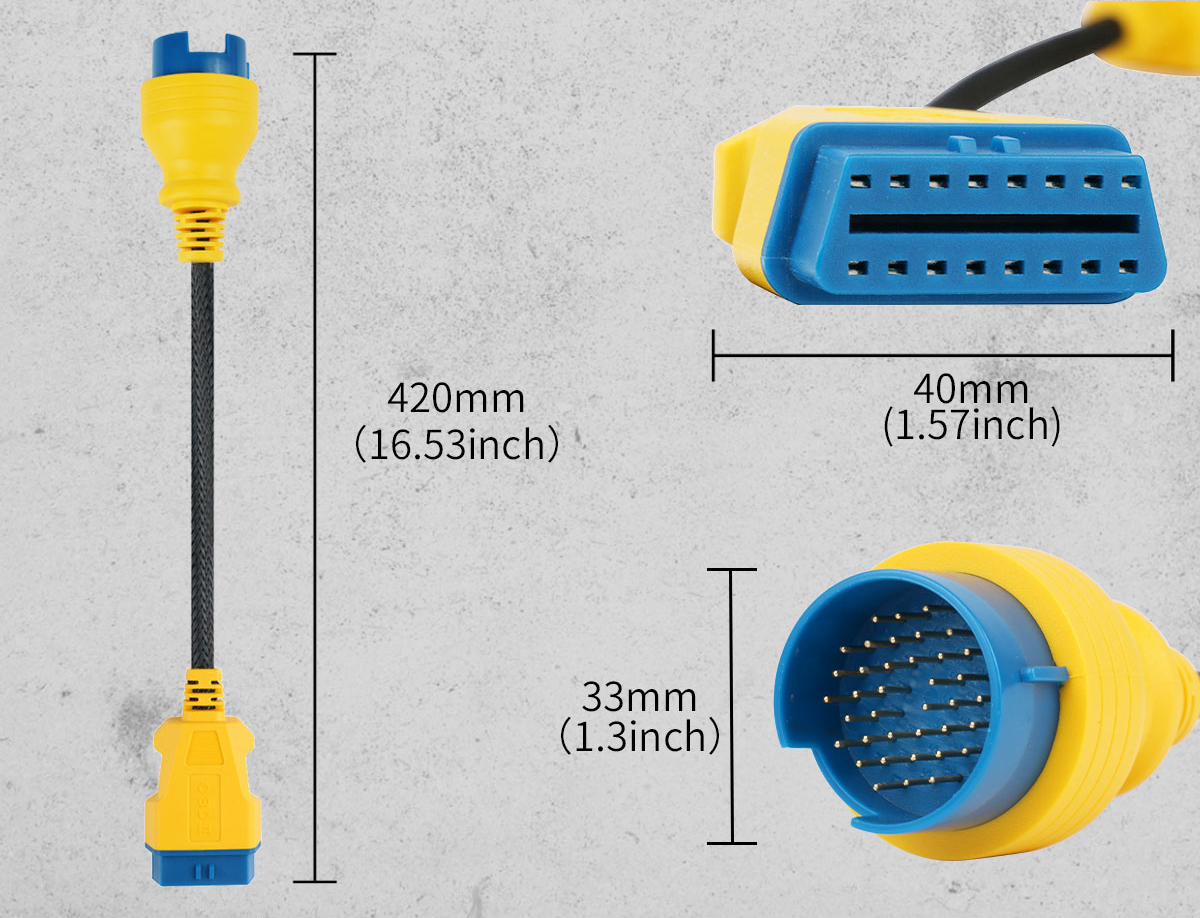 AUTOOL Benz 38 pin OBD2 extension cable dimensions showing 420mm length 40mm OBD connector width and 33mm 38-pin connector diameter