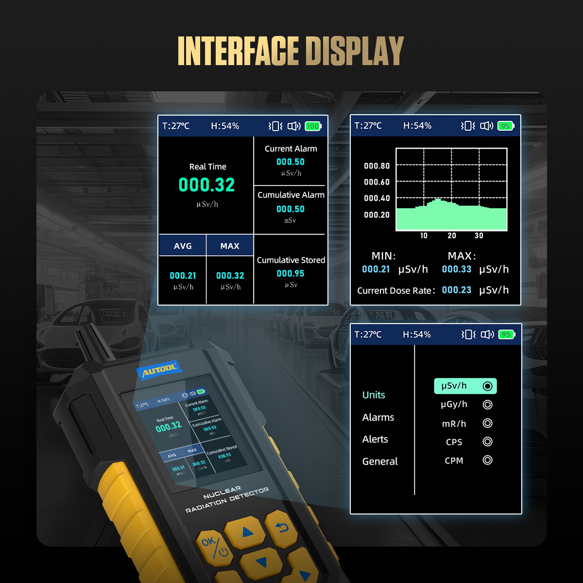 AUTOOL ND300 interface display with real-time dose curve alarms cumulative values and unit settings